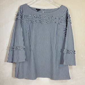 Talbots Navy and White Striped Ruffle Blouse Size XL